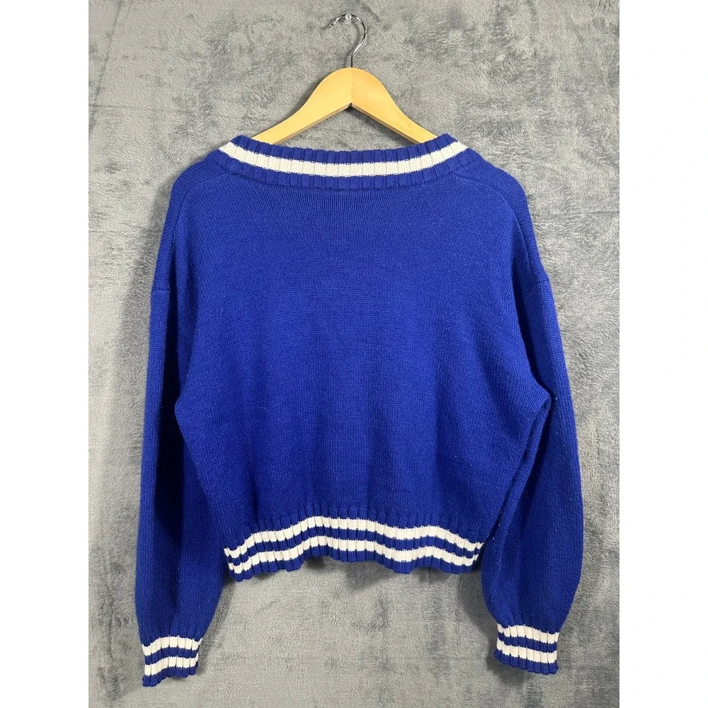 H&M Divided Chicago Varsity Knit Sweater Womens M Blue Cropped V Neck Preppy